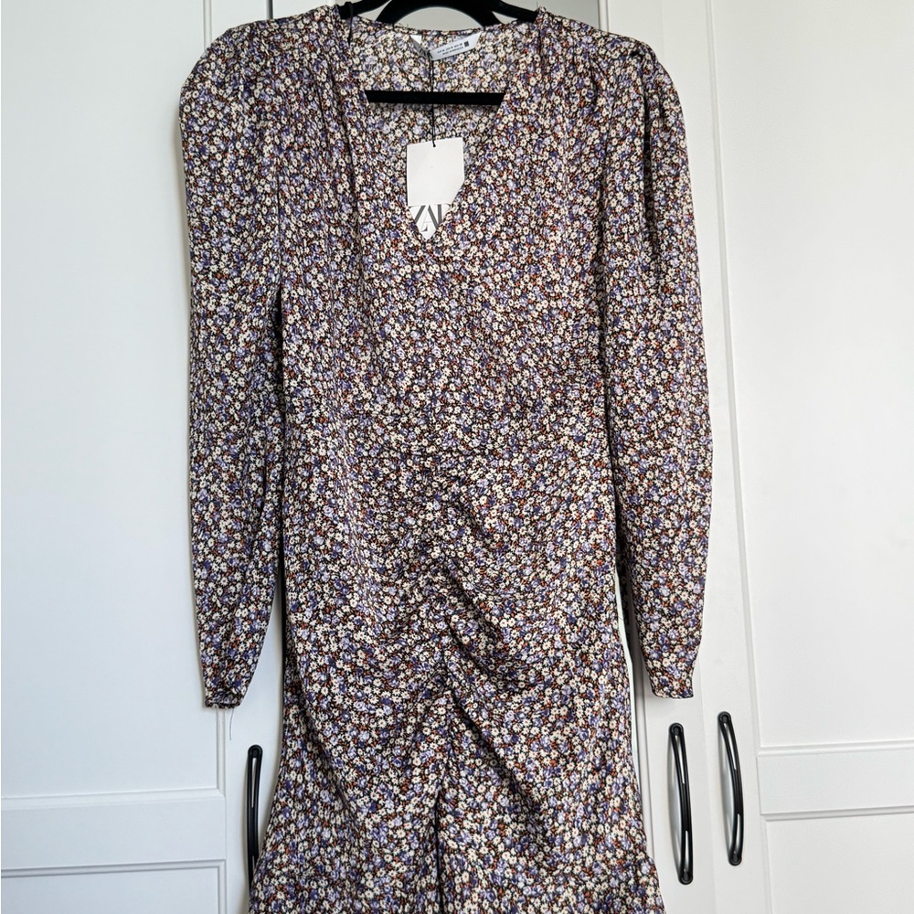 Zara Brown Ruched Sheath Dress with Puff Sleeves size M
